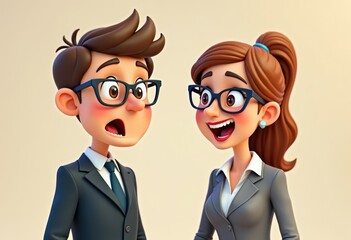 A cartoon man and woman in business attire look surprised.