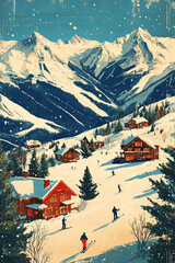 vintage inspired poster of ski resort with snow covered mountains, cozy cabins, and skiers enjoying winter landscape