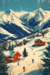  vintage inspired poster of ski resort with snow covered mountains, cozy cabins, and skiers enjoying winter landscape © CreativePulse