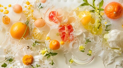 Vibrant Citrus Fruit & Floral Photo: Close-Up Shot of Delicately Arranged Summer Produce. AI Generated