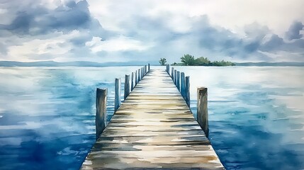 Fototapeta premium Serene Watercolor Illustration: Tranquil Wooden Pier Extending Towards Distant Isle Under Cloudy Sky. AI Generated