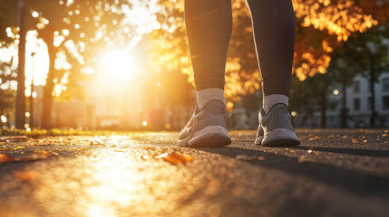 Young woman jogging in park morning. Healthy lifestyle. Runner exercising outside sunrise. Active female fitness training. Athletic person running wellbeing. Sporty legs. Carefree enjoyment sport.