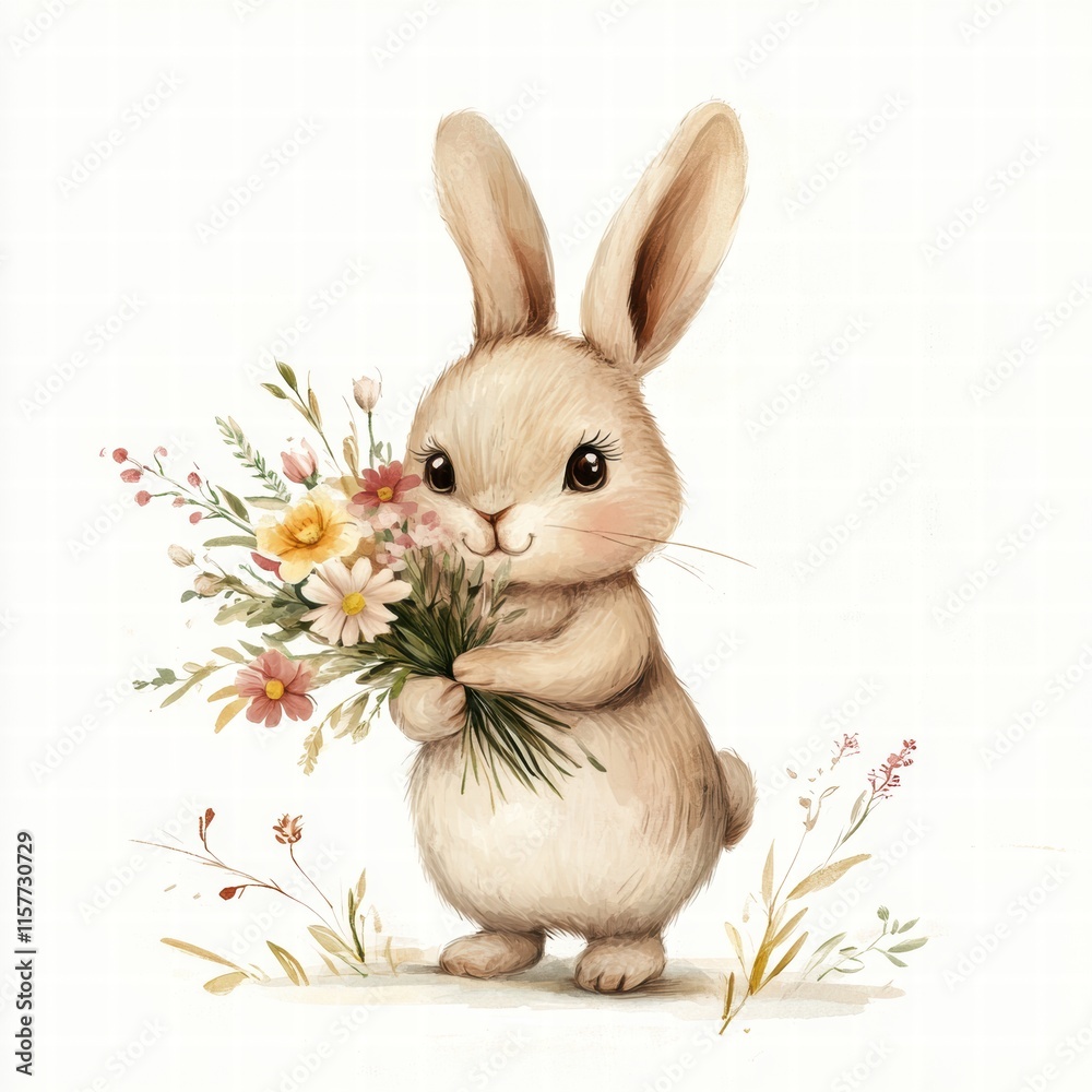 Poster Cuddly rabbit joyfully holds a colorful bouquet of flowers in a charming and whimsical setting with space for text. Generative AI