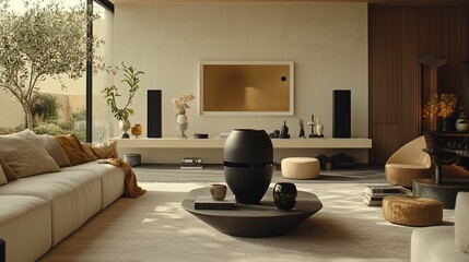 Modern living room interior with minimalist design, featuring a large sectional sofa, stylish coffee table, and sophisticated audio system.