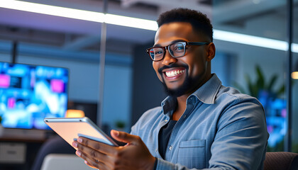 Obraz premium Black man, tablet and smile in office for professional career, good news and business opportunity. Graphic designer, happy and tech with wireframe for ux design, social media and infographic on web,