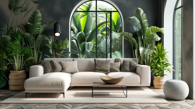 Tropical Botanical Interior Design with Greenery and Elegant Furniture