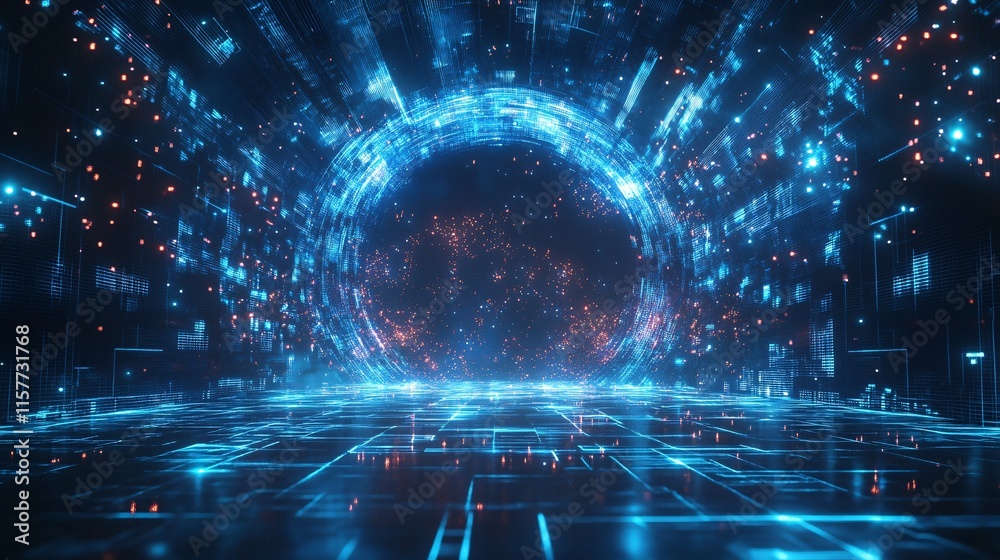 Poster futuristic digital portal with glowing blue and red data streams, creating a sense of depth and tech