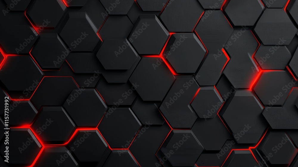 Poster dark hexagon pattern with red neon light. futuristic, tech, geometric design.