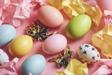 Obraz premium A collection of colorful eggs placed on a pink surface, ideal for use in illustrations or designs related to Easter, spring, or childhood