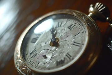 A close-up shot of a vintage-style pocket watch lying on a table, with intricate details and...