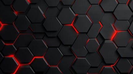 Dark hexagon pattern with red neon light. Futuristic, tech, geometric design.