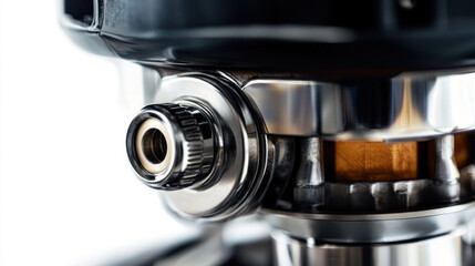 Close-up of a coffee machine's group head and portafilter connection.