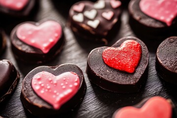 Obraz premium Close-up shot of multiple chocolate hearts on a table, perfect for food or gift-related themes