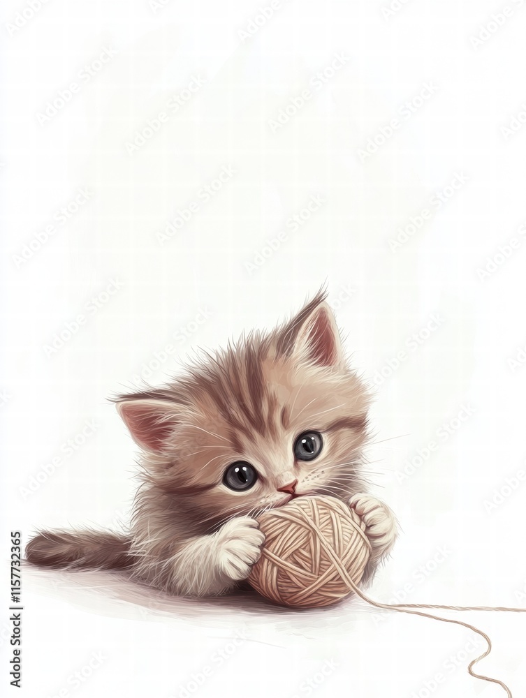 Poster cute kitten playfully interacting with a ball of yarn in a bright, inviting space waiting for creati
