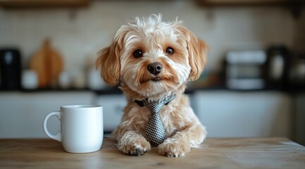 Dog dressed in tie sitting at a table next to a cup in a cozy kitchen setting