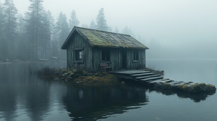Obraz premium A once-cozy lakeside hut now abandoned, with moss growing on the stone steps, sits quietly beside the mist-covered water.