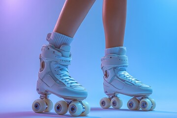A pair of white roller skates against a blue background