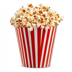 Delicious popcorn overflowing from a classic striped container, perfect for movie nights.