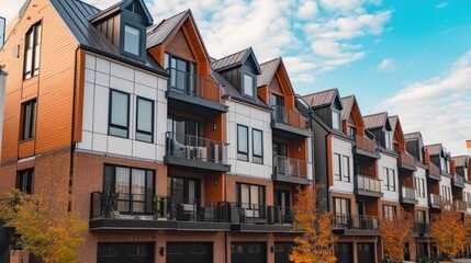 Naklejka premium Urban Living: Row of Modern Townhouses with Balconies and Contemporary Cladding