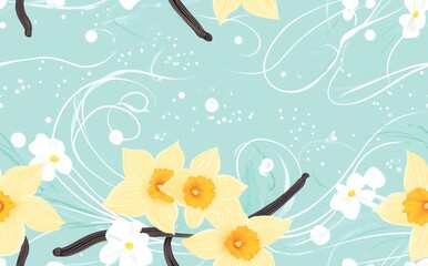 Colorful floral design featuring yellow daffodils and white blossoms on a turquoise background