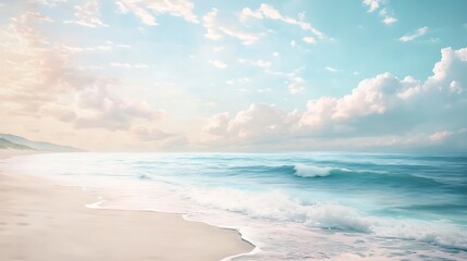 Fototapeta premium Serene Pastel Beachscape: Dreamy Wide Shot Photo of Gently Rolling Waves at Sunrise. AI Generated