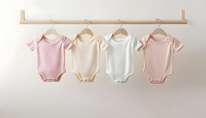 Baby bodysuits hanging on rack near white wall