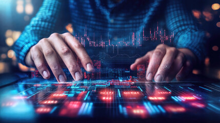 hands using tablet computer with digital business interface. Of modern technology network and office background. Future of global communication concept.