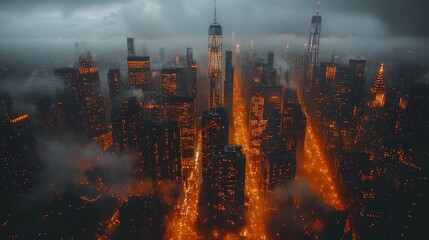 Obraz premium A dramatic aerial view of a cityscape enveloped in fog and illuminated by orange light.