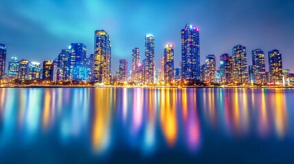 Fototapeta premium Vibrant city skyline reflecting on the water at night, showcasing modern architecture and colorful lights.
