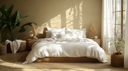 Sunlit bedroom with white bedding, plants, and natural light.