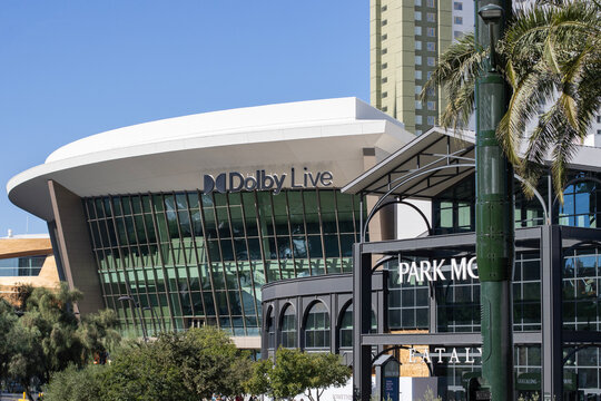 Las Vegas, NV, USA - Oct 28, 2024: Exterior view of the Dolby Live, an indoor amphitheater on the grounds of the Park MGM casino hotel in Paradise, Nevada.