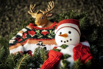 A festive holiday decoration featuring a stuffed snowman and reindeer in a wreath