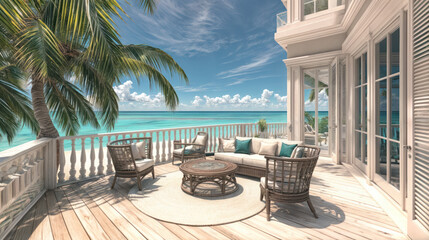 Obraz premium Luxury terrace with sea view and palm trees. Tropical paradise resort balcony, exotic beach vacation home, beautiful ocean landscape, island villa swimming pool, contemporary living room relaxation