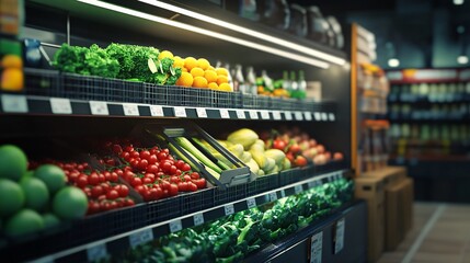 Vibrant display of fresh vegetables and fruits in a grocery store, highlighting a healthy lifestyle choice.