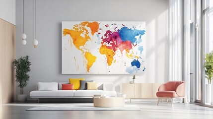 Vibrant Watercolor World Map Canvas Art in Modern Living Room Interior. AI Generated
