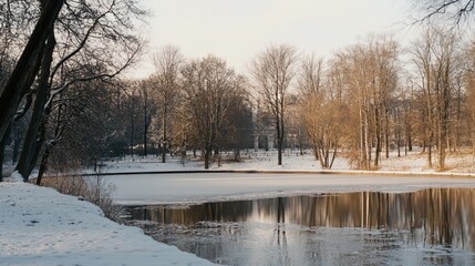 A serene pond surrounded by snow-covered trees and bushes in a winter park scene