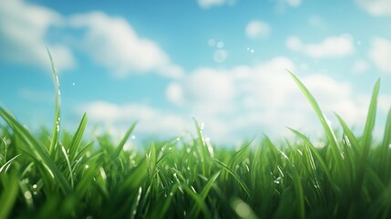 Fototapeta premium Vibrant green grass glistening under a clear blue sky with fluffy white clouds.