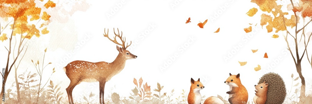Poster forest animals gather as autumn leaves fall in a charming woodland setting during the golden light o