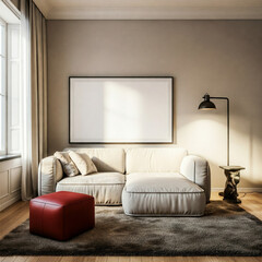Frame mockup, Living room wall poster mockup. Interior mockup with house background. Modern interior design. 