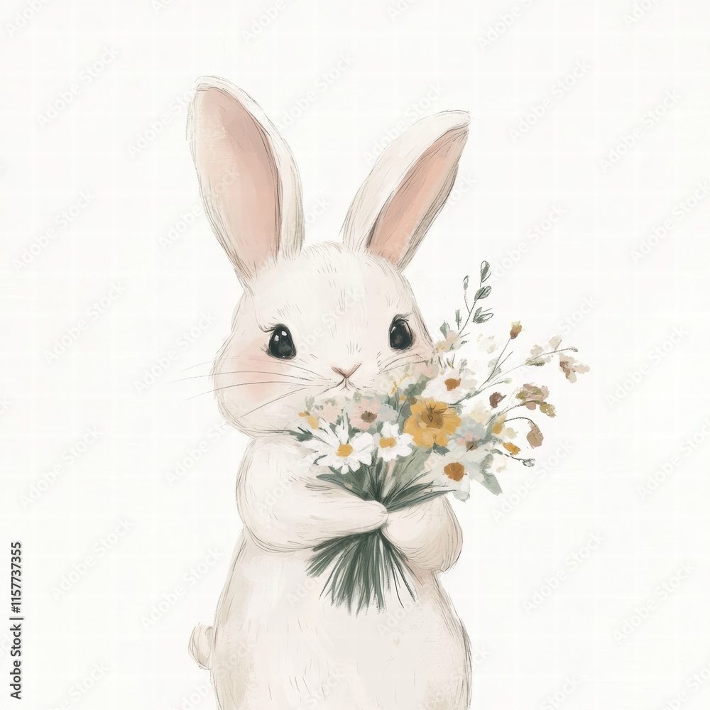 Poster Cuddly rabbit holding a bouquet of flowers with ample space for text in a soft and cheerful illustration. Generative AI