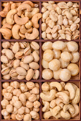 Box with various nuts cashew, macadamia, peanut, cedar, pecan, walnut, brazil, hazelnut