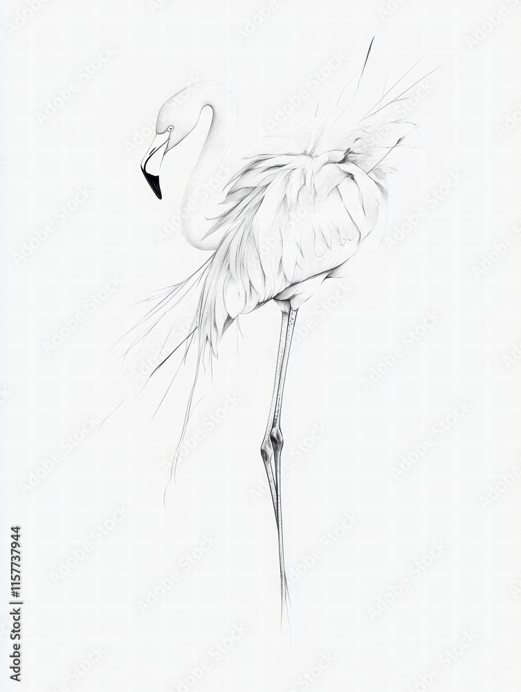 Poster illustration of a graceful flamingo standing on one leg with ample copy space for text and creative 
