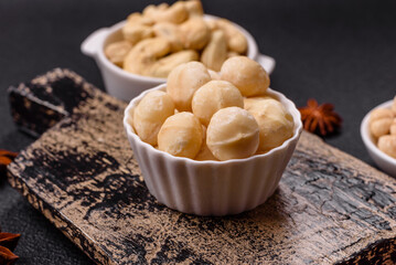 Delicious nutritious macadamia nuts in ceramic bowl