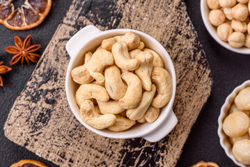 Delicious nutritious cashew nuts in ceramic bowl