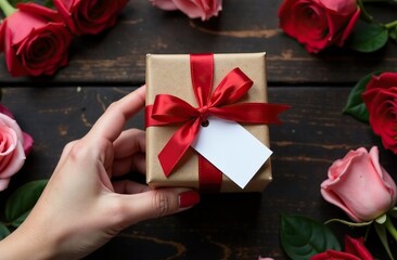 Craft paper gift box mockup with red ribbon and blank tag for text held by hand on wooden background and roses around