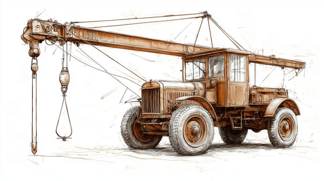 An artistic sketch of an antique crane, capturing the essence of early lifting equipment, isolated on a white background.