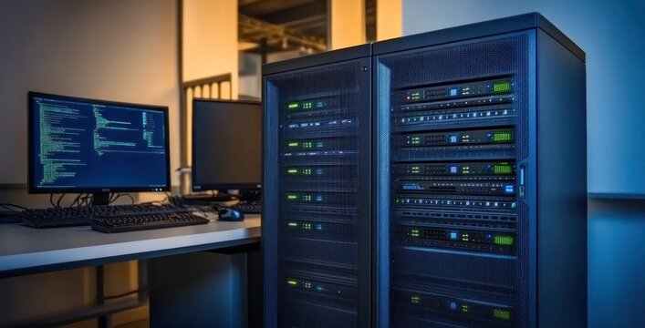 Night Server Room: Data Center Technology & Network Infrastructure - Powered by Adobe