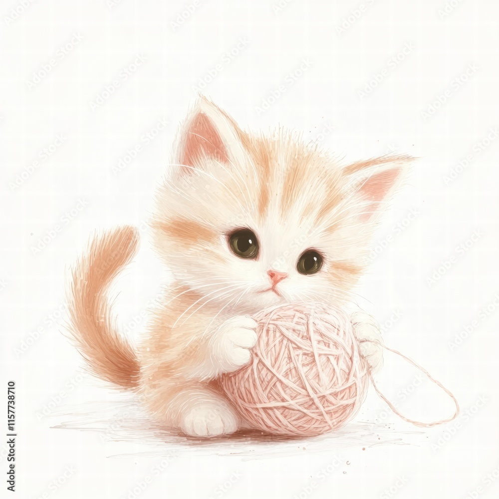Poster Cute kitten joyfully playing with a ball of yarn on a soft background with space for text. Generative AI