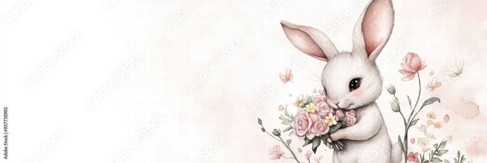 Aufkleber Cuddly rabbit holding a bouquet of flowers with soft pastel background and space for text. Generative AI