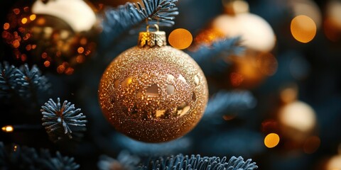 Obraz premium A detailed view of a festive Christmas ornament hanging from a tree branch